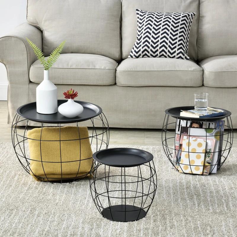 Mesa de centro Neman set de 3 cestas de metal negro en.casa