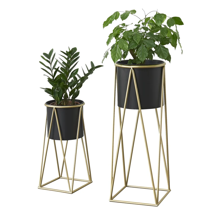 Soporte para plantas Lennik juego de 2 piezas metal negro color latón [en.casa]