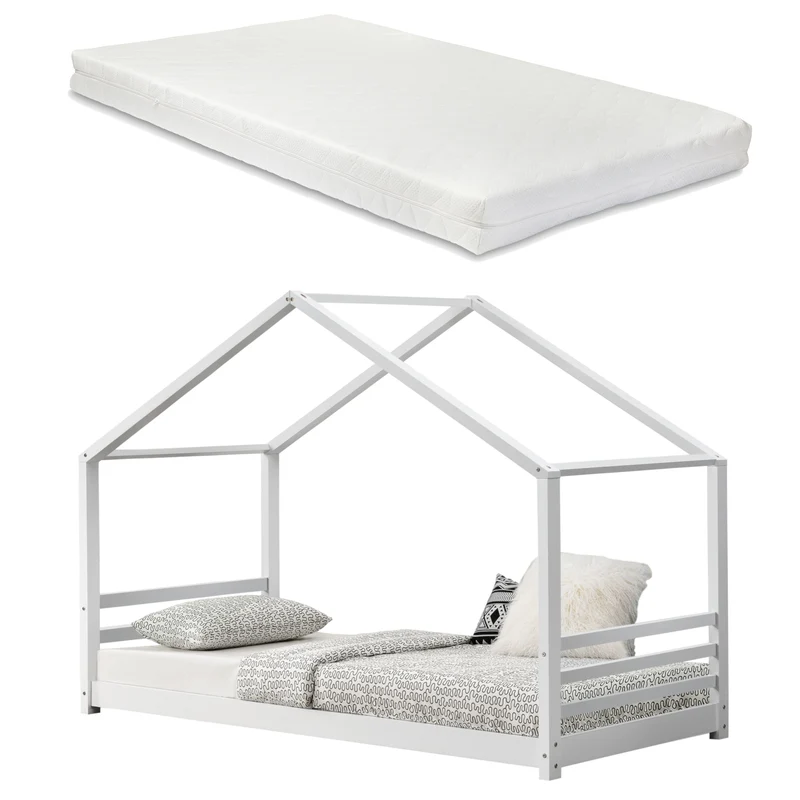 Cama casita Vardø 90x200cm Blanco con colchón [en.casa]