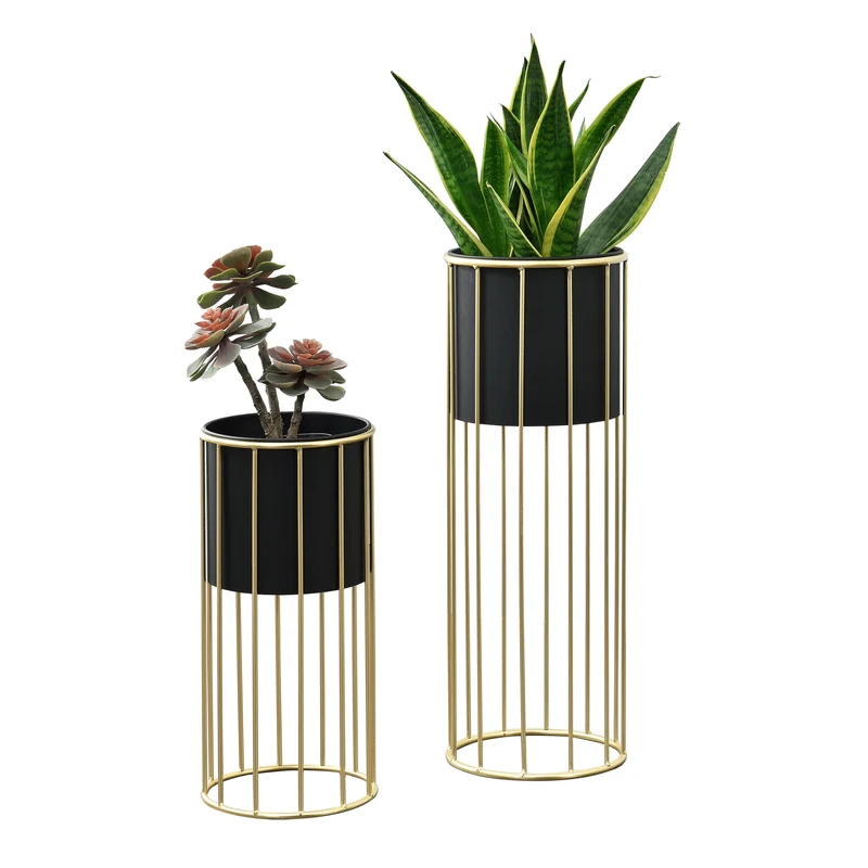 Soporte para macetas Mortsel juego de 2 piezas metal negro-dorado [en.casa]