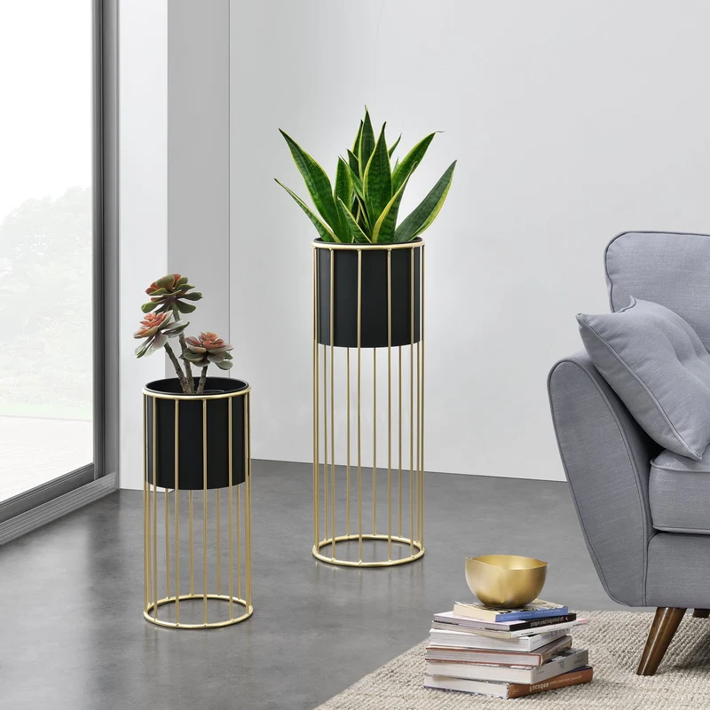 Soporte para macetas Mortsel juego de 2 piezas metal negro-dorado [en.casa]