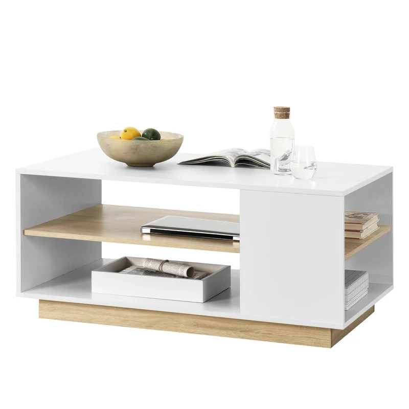 Mesa de centro Trelleborg 100x60x46 cm con 2 estantes Blanco/Roble en.casa