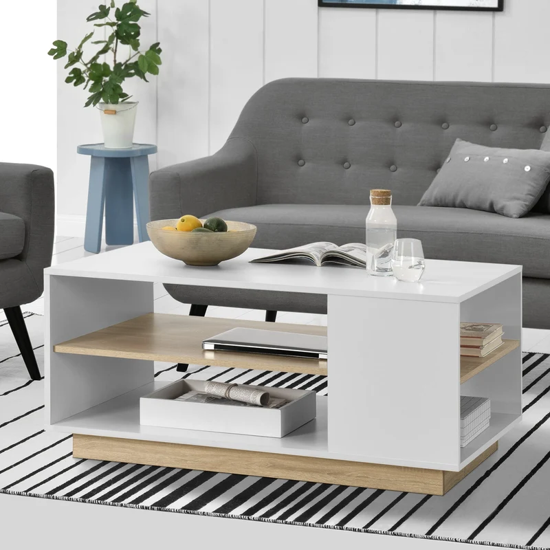 Mesa de centro Trelleborg 100x60x46 cm con 2 estantes Blanco/Roble en.casa