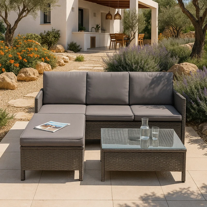 Conjunto de muebles de jardín Murcia ratán 3 piezas. Gris oscuro/Gris claro [en.casa]