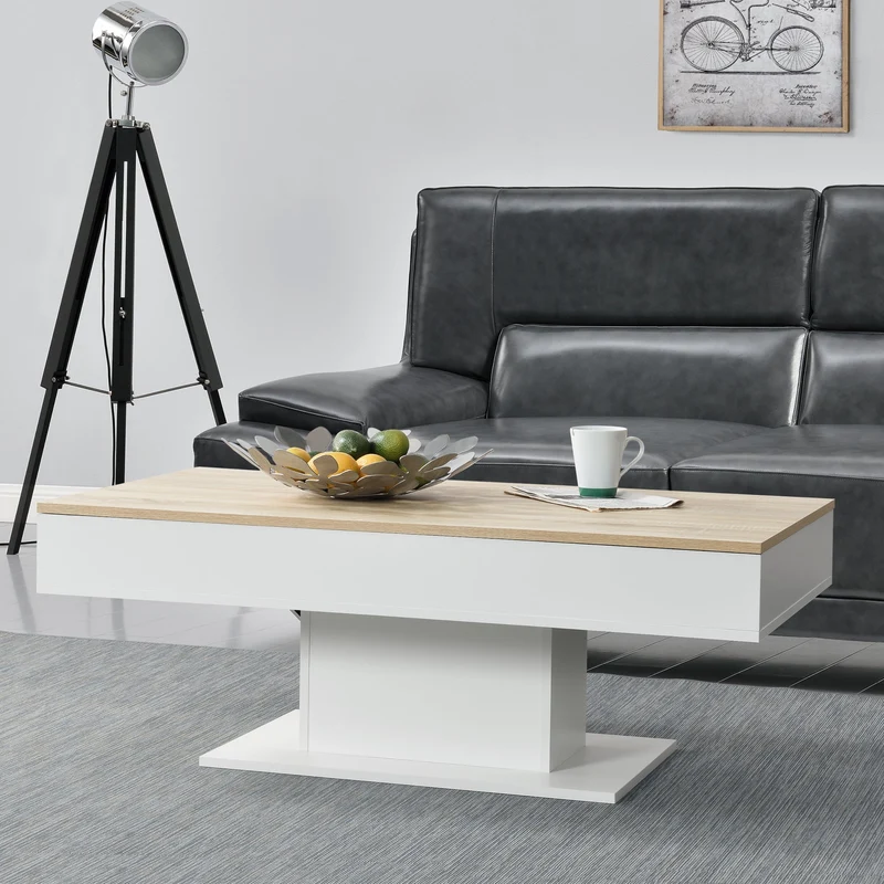 Mesa de centro Lünen 40x110x60cm con 2 compartimentos de almacenamiento en aspecto roble blanco en.casa