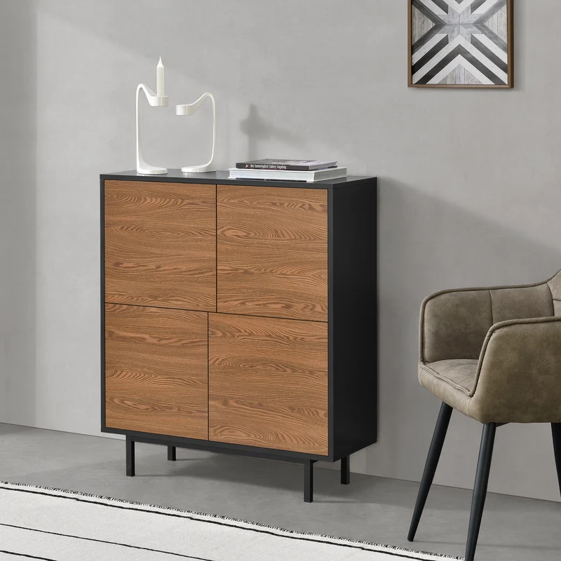 Cómoda Gnosjö 4 puertas de armario tecnología Push-Open 93 x 80 x 30 cm aglomerado negro/efecto madera, tono oscuro [en.casa]