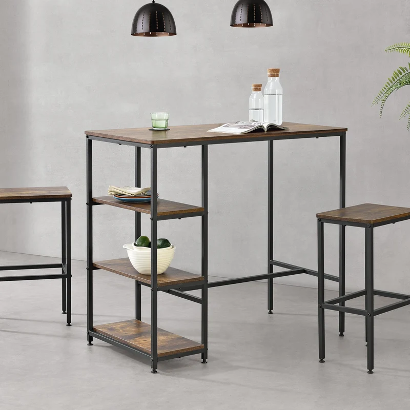 Mesa de Bar con 3 estantes Växjö 100 x 109 x 60 cm Negro y Efecto de Madera Tono Oscuro [en.casa]