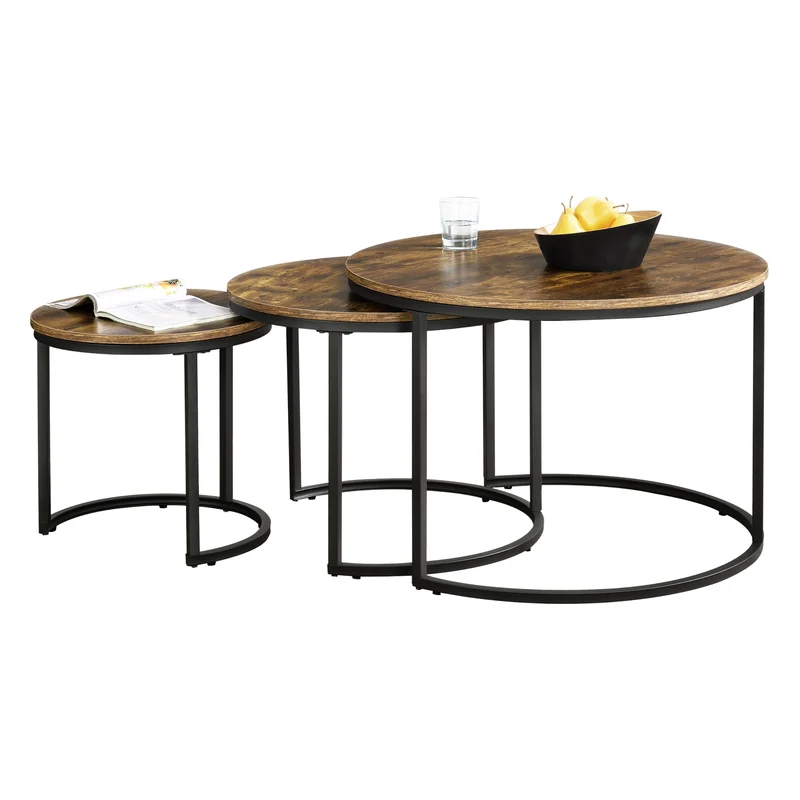 Mesa de Centro Arvidsjaur set de 3 mesas aglomerado y acero - Negro y Efecto Madera [en.casa]