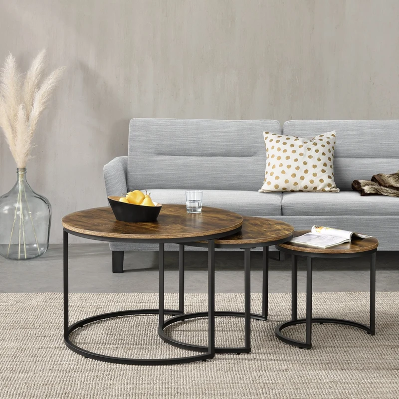 Mesa de Centro Arvidsjaur set de 3 mesas aglomerado y acero - Negro y Efecto Madera [en.casa]