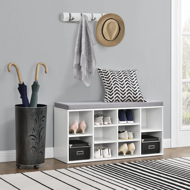 Zapatero Ymir 103x30x48 cm 10 estantes Banco blanco/gris en.casa