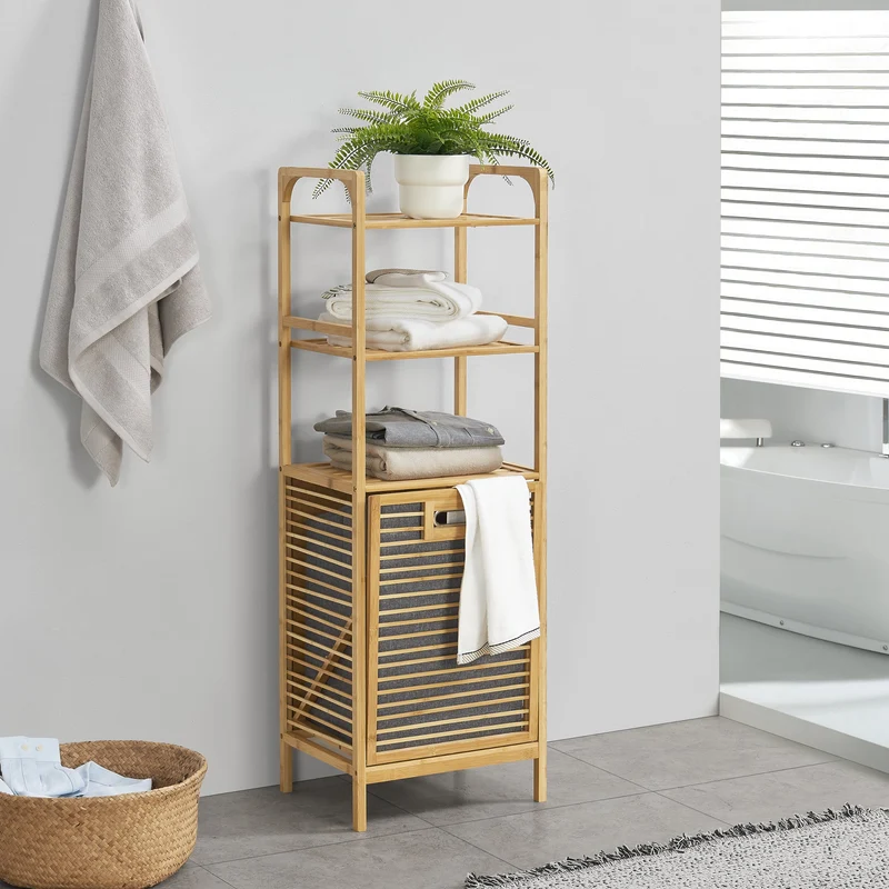 Estantería con cesto para la colada reclinable Tidaholm bambú 118 x 40 x 31 cm gris natural [en.casa]