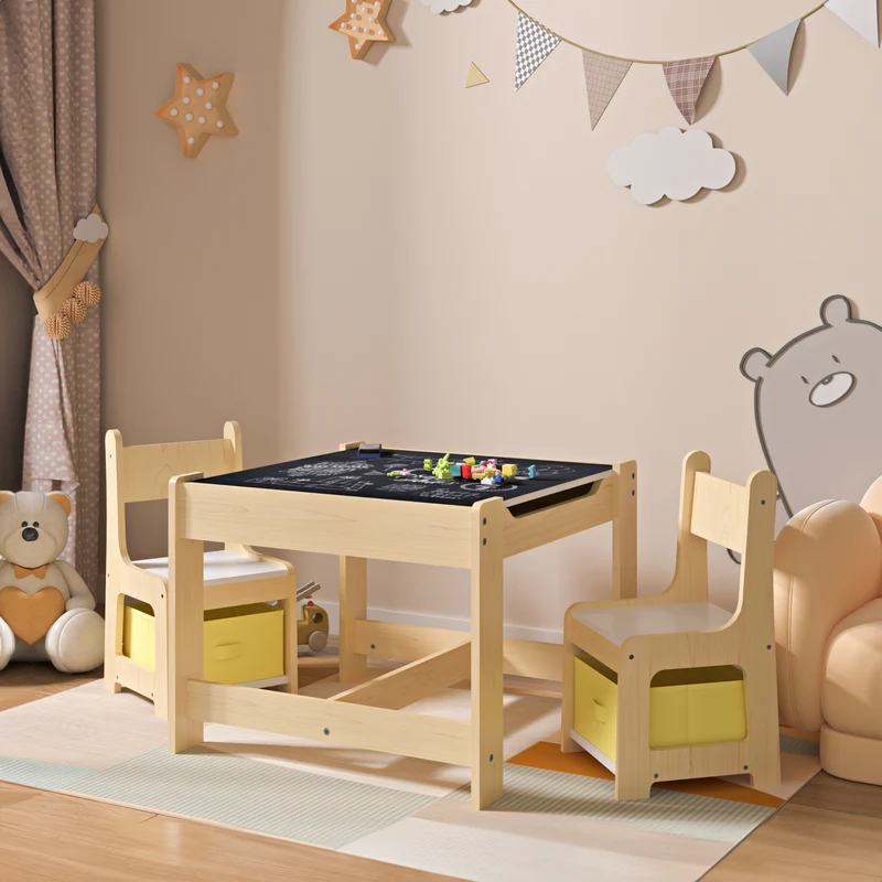 Mesa infantil con 2 sillas Irixoa con cajas Natur [en.casa]