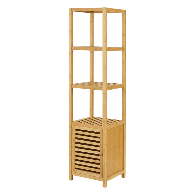 Estantería de pie para baño Liminka 4 estantes 1 puerta bambú 140 x 34 x 33 cm natural [en.casa]