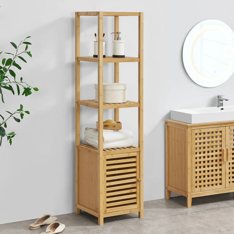 Estantería de pie para baño Liminka 4 estantes 1 puerta bambú 140 x 34 x 33 cm natural [en.casa]