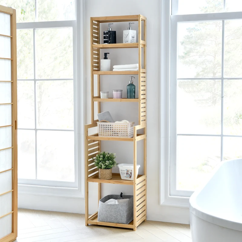 Mueble columna de baño Forssa de 7 niveles bambú 165 x 42 x 28 cm natural [en.casa]