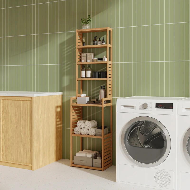 Mueble columna de baño Forssa de 7 niveles bambú 165 x 42 x 28 cm natural [en.casa]