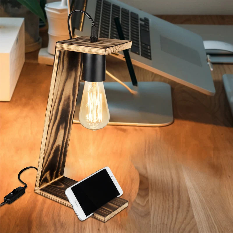 Lámpara de mesa Gillingham E27 Madera maciza Negra / Aspecto madera [lux.pro]