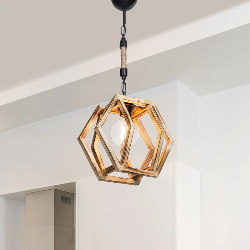 Lámpara colgante Cheltenham E27 Metal Madera maciza Cuerda de yute Negro / Aspecto madera / Color yute [lux.pro]