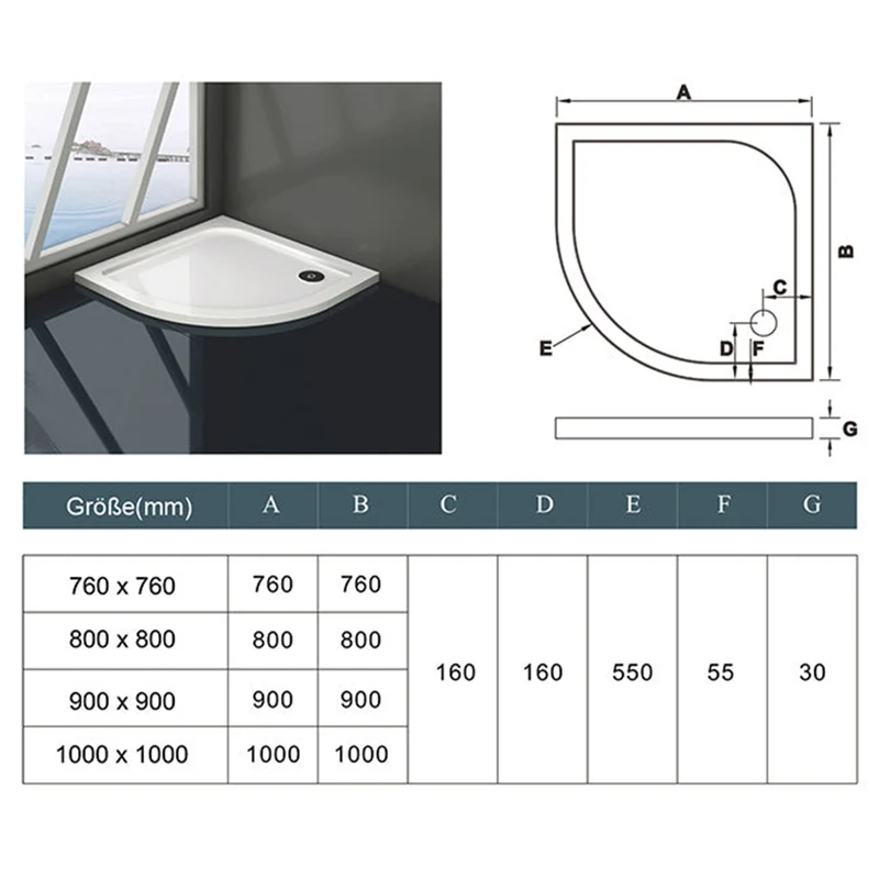 AICA Plato de Ducha Curvo Semicircular 76x76x3cm/100x100x3cm Extraplano Antideslizante Capa Gelcoat Blanco