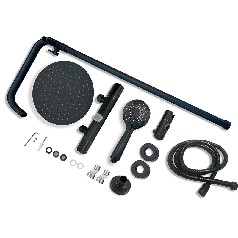con Alcachofa Redonda Grande 10 pulgadas y Radiador de Mano de 3 tipos de Chorro Negro Mate para Baño Columna de Ducha Termostática Aica Sanitarios