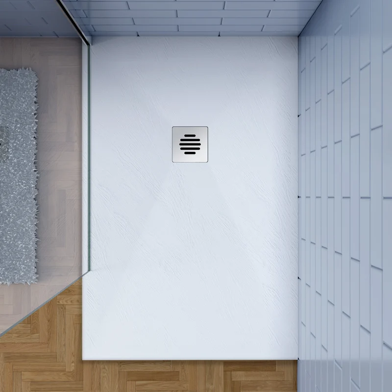 AICA Plato de Ducha Rectangular 80x140x3cm/90x140x3cm Blanco textura pizarra + Desagüe con tapa plástica de forma rejilla (juegos incluidos)