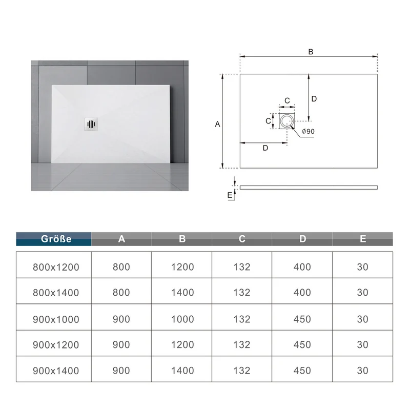 AICA Plato de Ducha Rectangular 80x140x3cm/90x140x3cm Blanco textura pizarra + Desagüe con tapa plástica de forma rejilla (juegos incluidos)