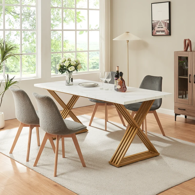 Mesa de comedor Hujaari rectangular 180x80x75 cm - Efecto mármol blanco/Dorado [en.casa]