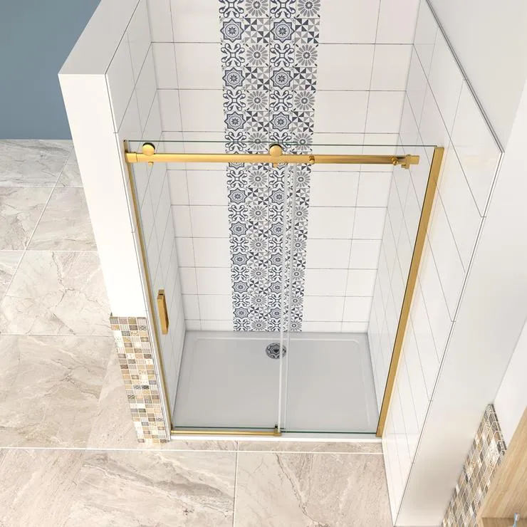 Mampara de ducha corredera fijo+corredera 120x195cm,doble rodamiento, cristal templado 8 mm con tratamiento antical, perfil dorado