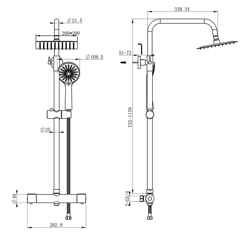Columna de Ducha Termostática Alcachofa de con Redonda Barra y Cuadrada Ducha Lluvia Negro Mate para Baño
