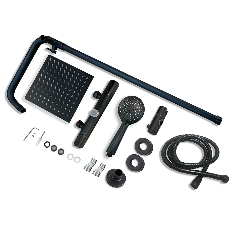 Columna de Ducha Termostática Alcachofa de con Redonda Barra y Cuadrada Ducha Lluvia Negro Mate para Baño