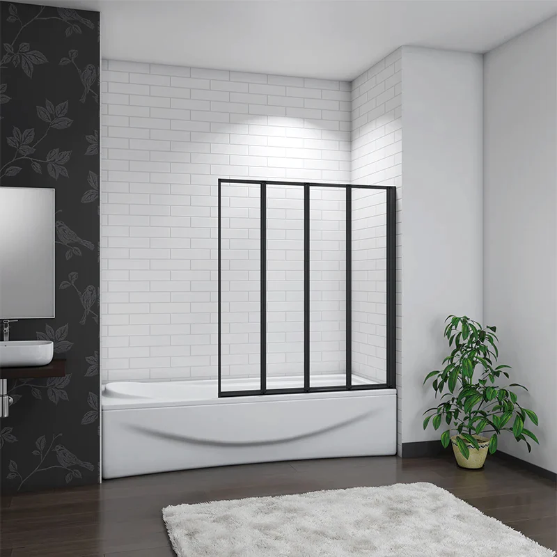 Mampara de Bañera 4 Hojas Plegables Vidrio Templado 4mm Perfil Negro Mate