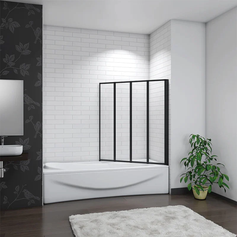 Mampara de Bañera 4 Hojas Plegables Vidrio Templado 4mm Perfil Negro Mate