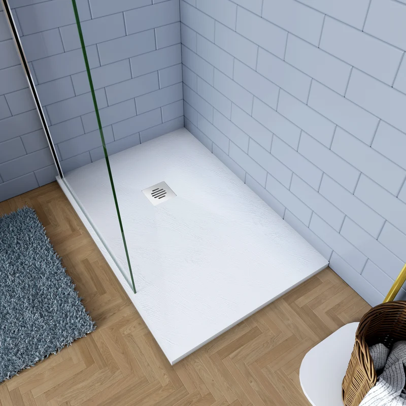 Plato de ducha AICA blanco textura pizarra+ Accesorios de desagüe con tapa acero inoxidable de forma rejilla (juegos incluidos)