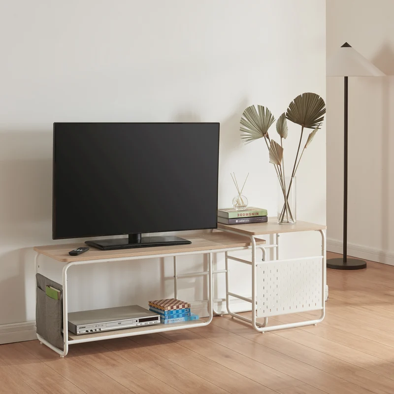 Mesa de televisión Dyrøy con mesa auxiliar Blanco/Roble [en.casa]