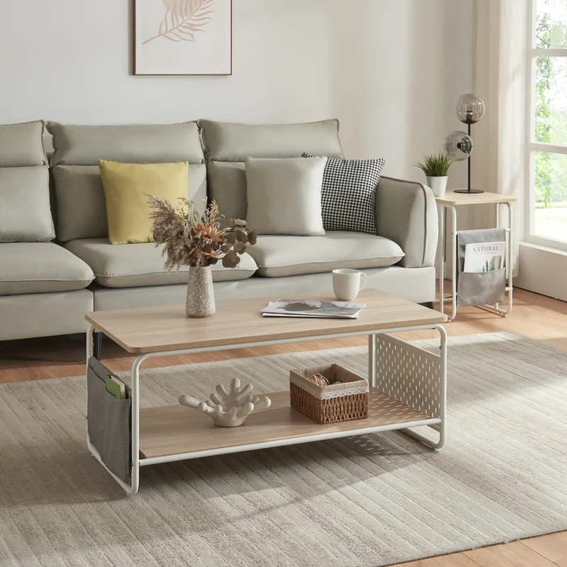 Mesa de centro Dyrøy 100x50x43cm Blanco/Roble [en.casa]
