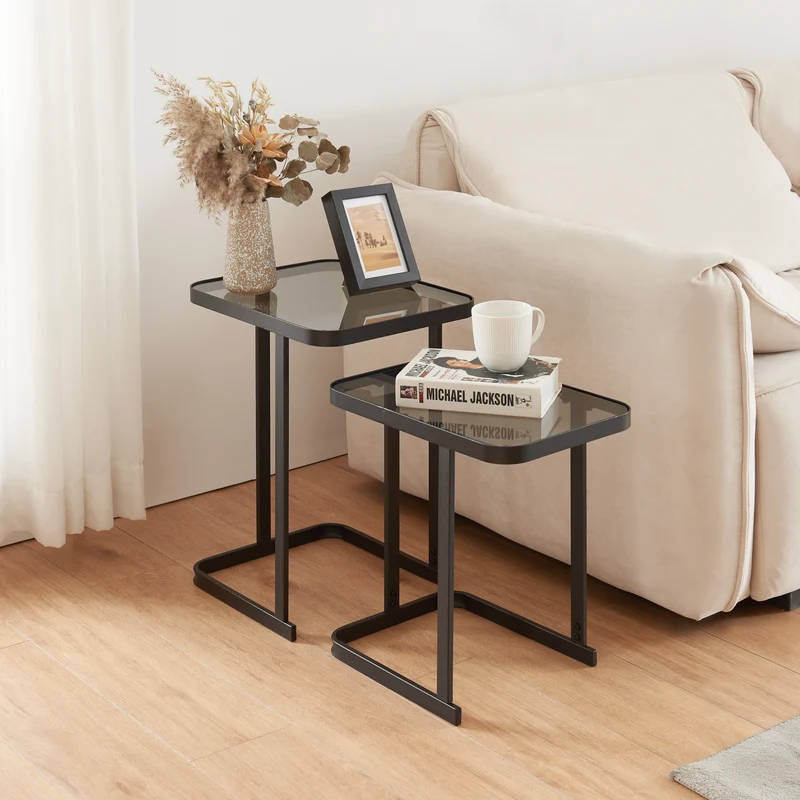 Mesa de comedor Laxå juego de 2 piezas vidrio y metal negro [en.casa]