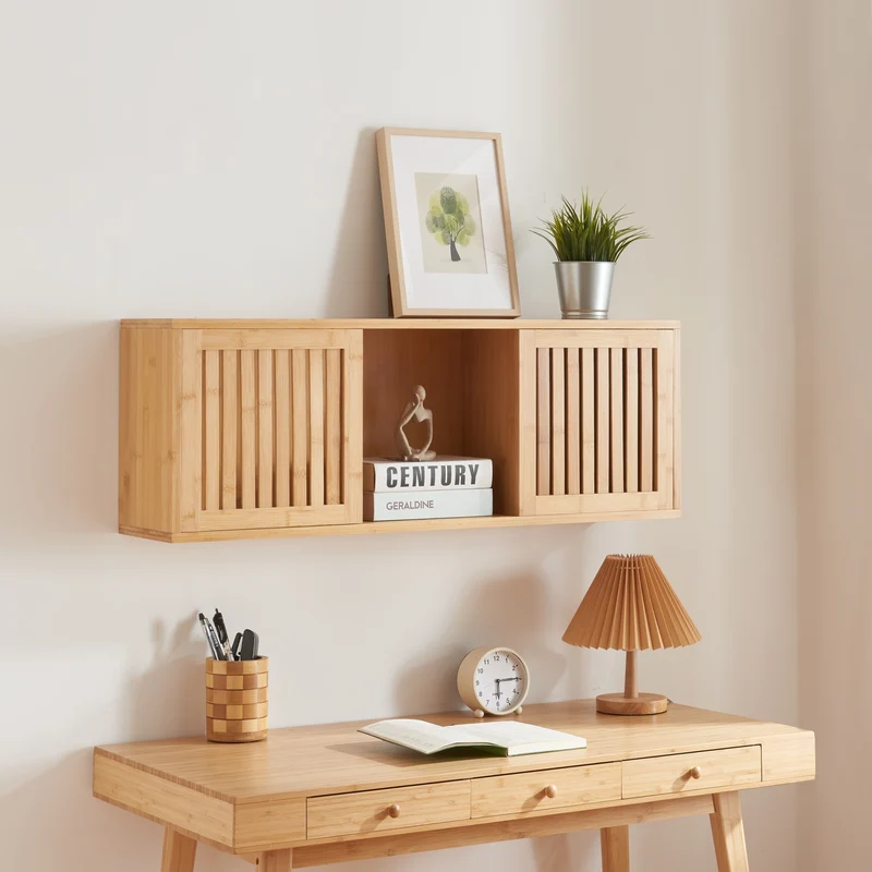 Estantería de pared Grums con dos puertas correderas 92,5x20x33cm Bambú [en.casa]