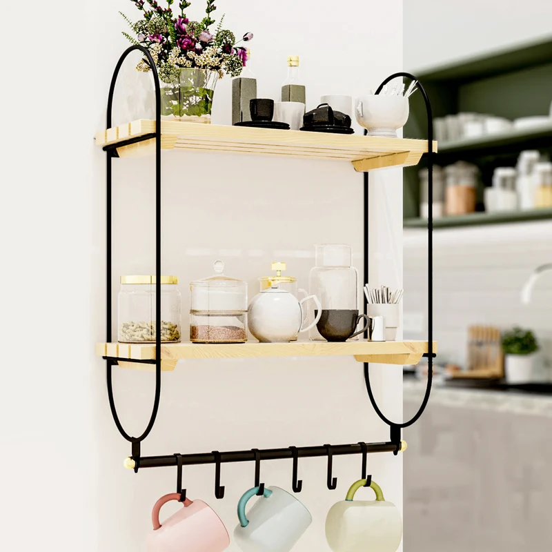 Estante de pared Pielavesi con 6 ganchos Negro/Natural [en.casa]