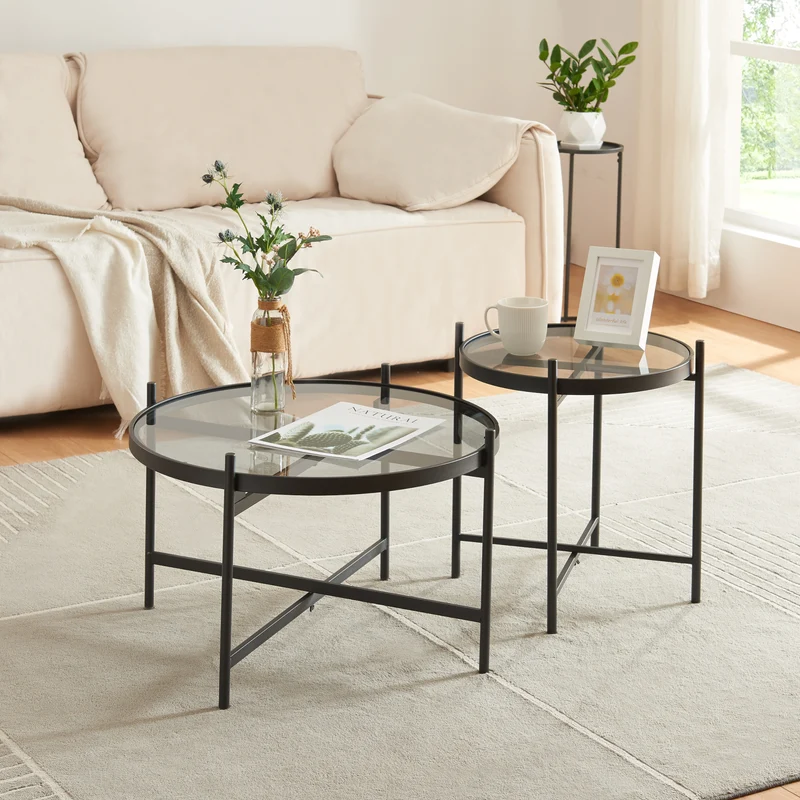 Conjunto de mesa de centro Lier de 2 piezas. Tapa de vidrio negra [en.casa]