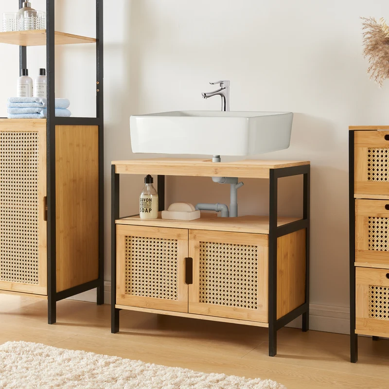 Mueble bajo lavabo Tervola 60x60x35 cm Negro/Bambú [en.casa]