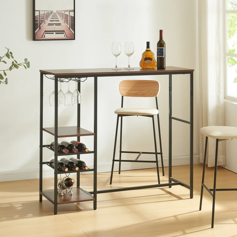 Mesa de bar Stjørdal con estante para botellas Negro/Aspecto nogal [en.casa]