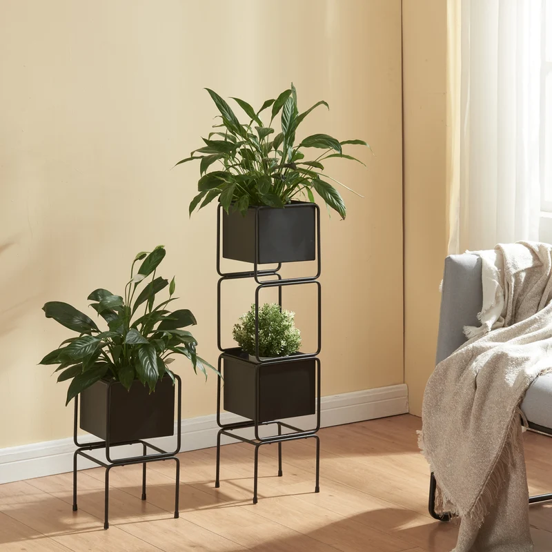 Soporte para plantas Sveio juego de 2 piezas metal negro [en.casa]
