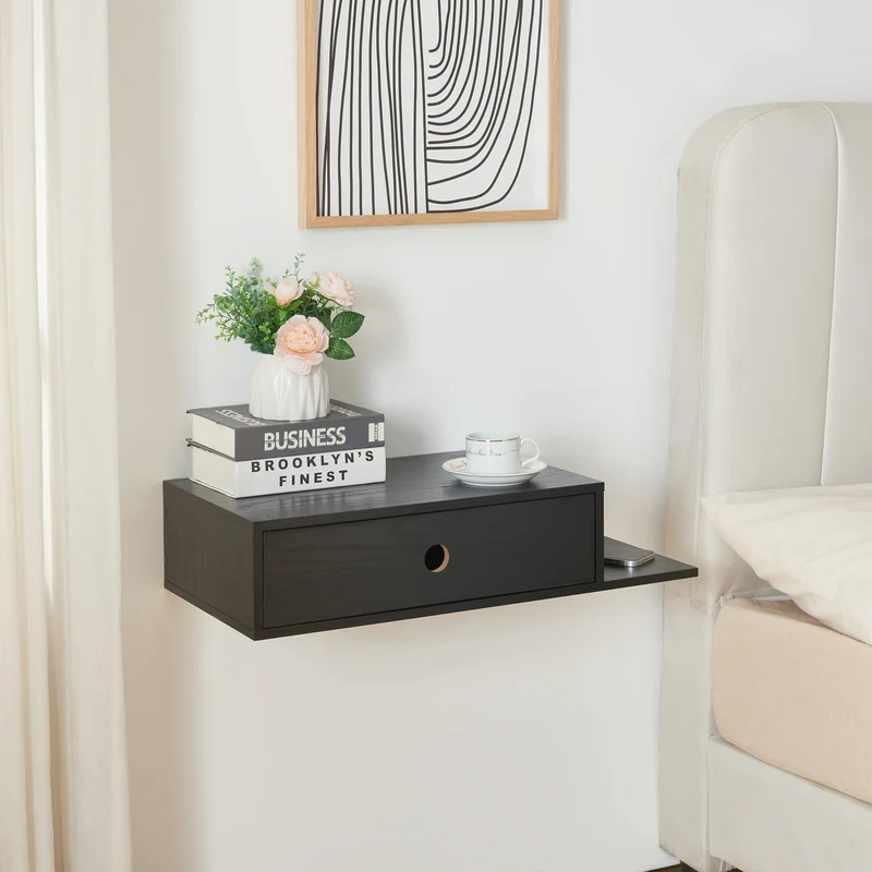 Estantería de pared Stor con cajón 65x30x15 cm Negro [en.casa]