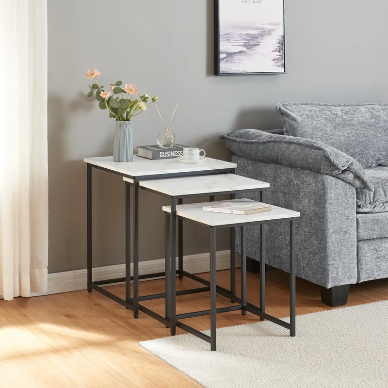 Mesa de centro Trollhättan 3 piezas, aspecto mármol, blanco [en.casa]