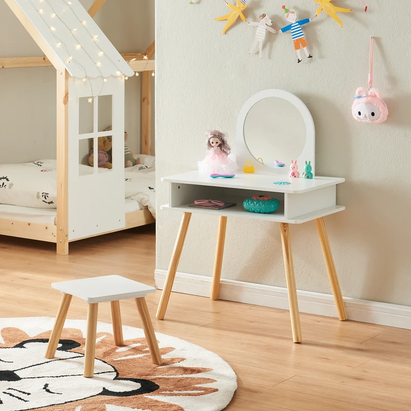 Tocador infantil con taburete Ovanåker Blanco/Natural [en.casa]