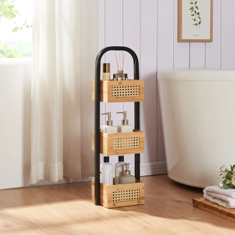 Estantería de baño Tervola 73x23x19 cm Negro/Bambú [en.casa]