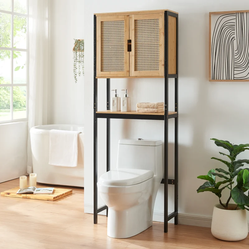 Armario de baño Tervola 172x63x27 cm Negro/Bambú [en.casa]