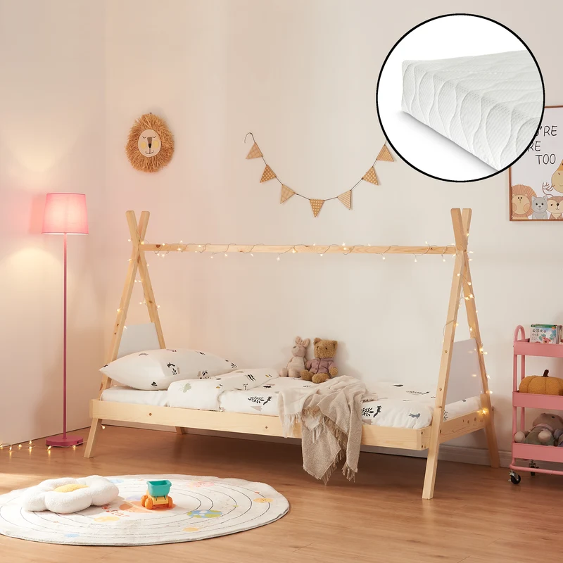 Cama tipi Siikajoki con colchón 90x200cm madera de pino natural [en.casa]