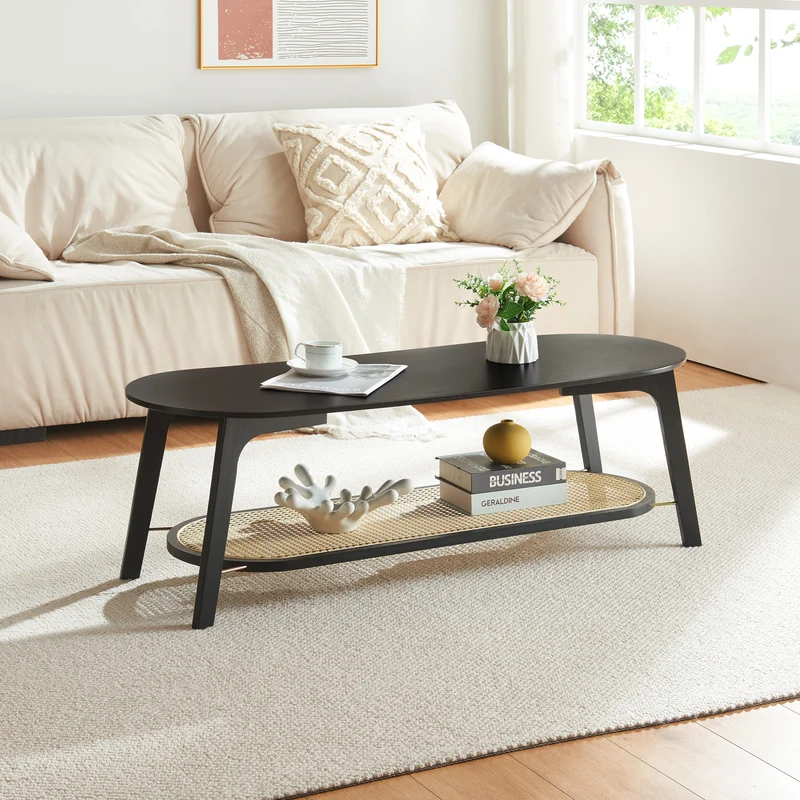 Mesa de centro Taivalkoski 120x43x40 cm Negro/Aspecto ratán [en.casa]