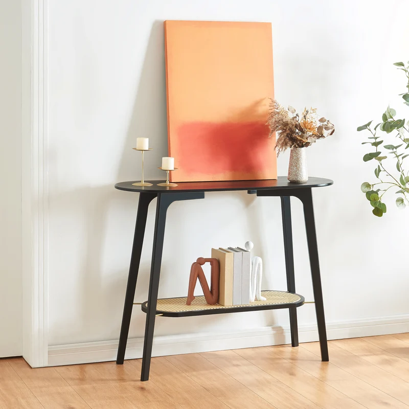 Mesa consola Taivalkoski 100x35x80 cm Negro/Aspecto ratán [en.casa]